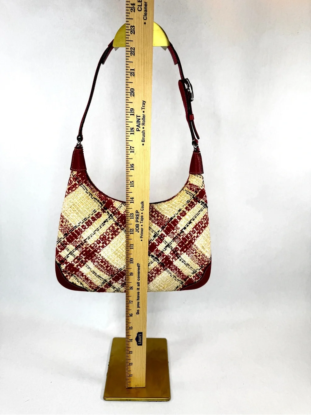 Coach Plaid Tweed Shoulder Hobo Bag Red Cream Leather Trim Style 8368